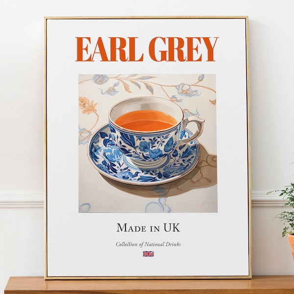 Earl Grey on Maiolica Tile, Traditional English Beverage (Drink) Print Poster, Kitchen and Bar Wall Art