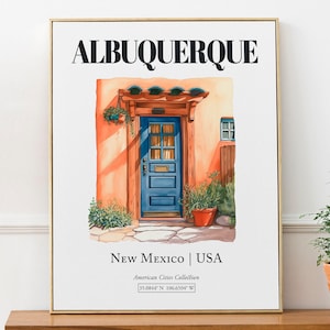 Albuquerque, New Mexico, USA, Aesthetic Minimalistic Watercolor Traditional Door, Wall Décor Print Poster, Living Room Wall Decor