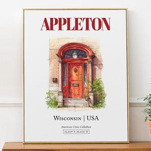 Appleton, Wisconsin, akwarelowy wydruk na drzwiach, minimalistyczna sztuka ścienna