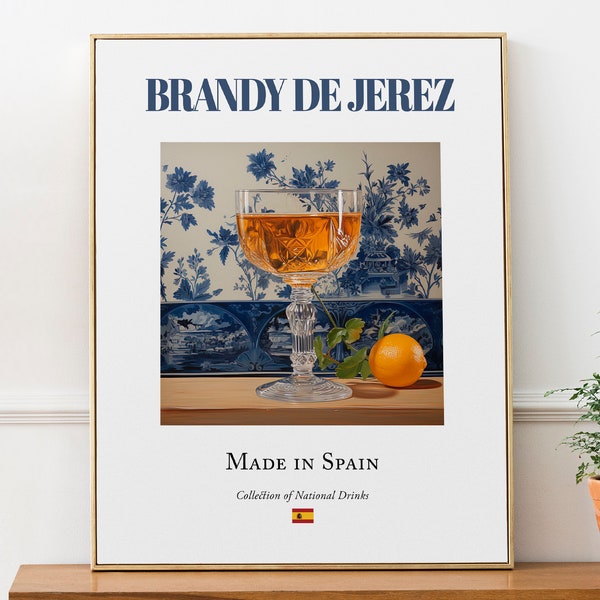 Brandy De Jerez on Maiolica Tile, Traditional Spanish Beverage (Drink) Print Poster, Kitchen and Bar Wall Art