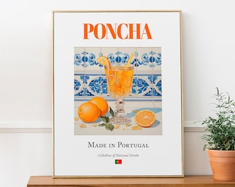 Poncha On Azulejo Tile, Traditional Portugal Beverage (Drink) Print Poster, Kitchen and Bar Wall Art
