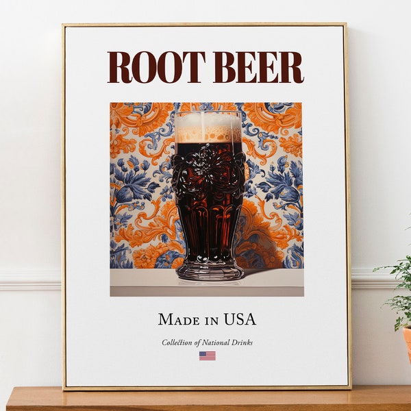 Root Beer auf Maiolica Tile, Traditionelles Amerikanisches Beverage (Getränk) Print Poster, Küche und Bar Wandkunst