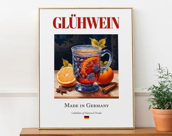 Impressão da bebida alemã Glühwein, arte em azulejo de maiólica para cozinha ou bar.