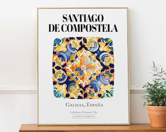 Santiago de Compostela Timeless Tile Art Poster: Galicia's Spiritual Beauty in Wall Decor