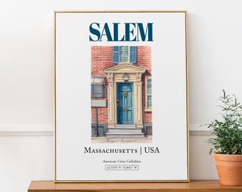 Impresión de acuarela para puerta de Salem, Massachusetts: arte mural minimalista