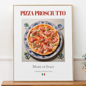 Pizza Prosciutto on Maiolica tile plate, Traditional Italian Food Wall Art Print Poster, Kitchen and Café Decor, Foodie Gift