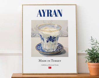 Ayran on Maiolica Tile, Traditional Turkish Beverage (Drink) Print Poster, Kitchen and Bar Wall Art