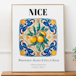 Nice, Provence-Alpes-Côte d&#39;Azur, France, Folk Tile Pattern with Lemons Aesthetic Wall Art Print Poster