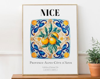 Nice, Provence-Alpes-Côte d&#39;Azur, France, Folk Tile Pattern with Lemons Aesthetic Wall Art Print Poster