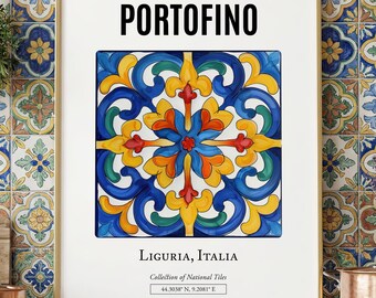 Portofino Italy Art Print, Traditional Maiolica Tile Poster
