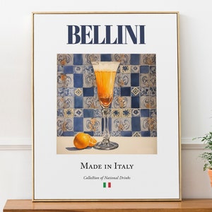 Póster con impresión de bebidas tradicionales italianas, Bellini sobre baldosas de mayólica, decoración de pared para cocina y bar