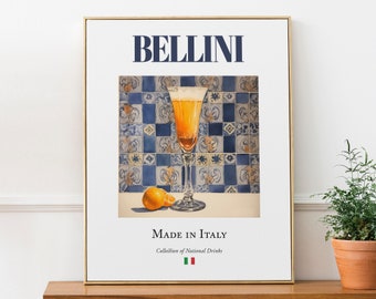 Bellini on Maiolica tile, Italian Traditional Beverage Print Poster, Kitchen and Bar Wall Décor