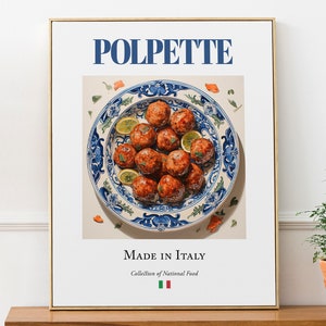 Polpette em prato de azulejo Maiolica, pôster de arte de parede de comida tradicional italiana, decoração de cozinha e café, presente para amantes da gastronomia