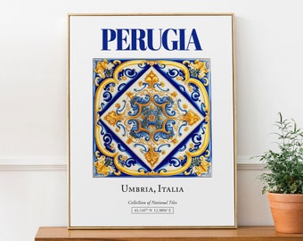 Perugia, Umbria, Italy, Aesthetic Traditional Maiolica Tile, Wall Art Décor Print Poster, Bathroom Wall Art