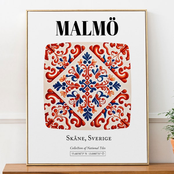 Malmö, Skåne, Sverige, Traditional Tile Pattern Aesthetic Wall Art Decor Print Poster