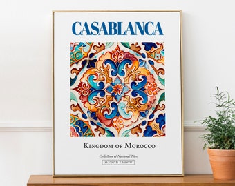 Casablanca, Morocco, Aesthetic Minimalistic Traditional Tile, Wall Art Décor Print Poster, Living Room Art