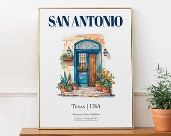 San Antonio Texas Watercolor Door Print, Minimalist Wall Art
