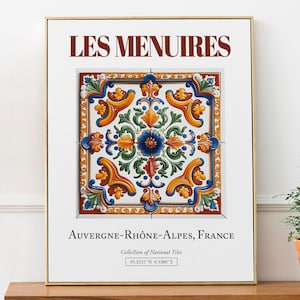 Les Menuires, Auvergne-Rhône-Alpes, France, Aesthetic Folk Traditional Tile, Wall Art Décor Print Poster, Living Room Decor
