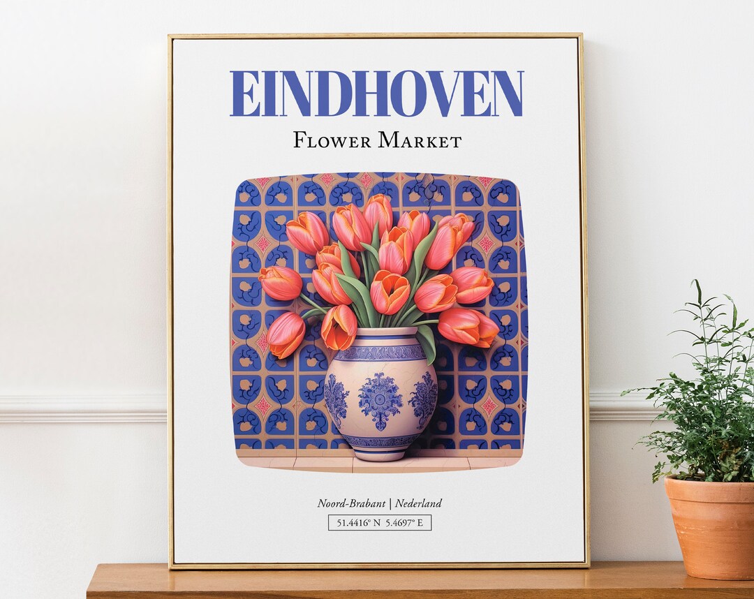 Eindhoven noordbrabant, Nederland Flower Market, Tulips Bouquet in Maiolica Vase Wall Art Print