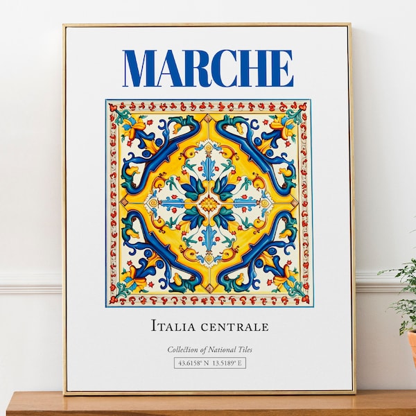 Marche, Italia Centrale, Italy, Aesthetic Folk Traditional Maiolica Tile, Wall Decor Print Poster, Living Room Art