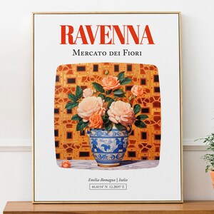 Rávena (Emilia-Romaña, Italia) Mercato dei Fiori, ramo de camelia en jarrón de mayólica, póster impreso artístico para pared