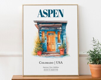 Aspen Colorado Watercolor Door Print, Minimalist Wall Art