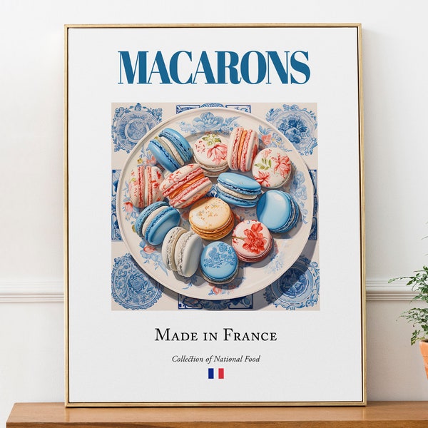 Macarons on Maiolica tile plate, Traditional French Food Wall Art Print Poster, Kitchen and Café Decor, Foodie Gift