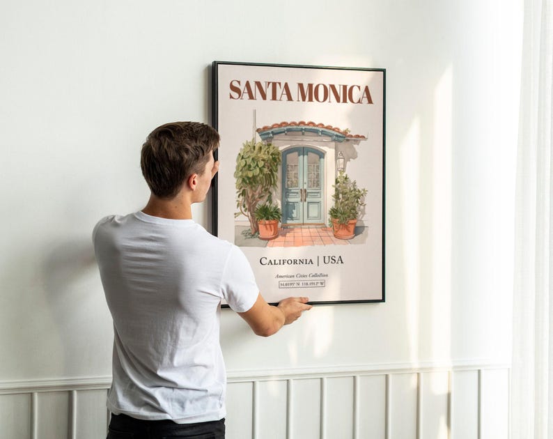Santa Monica Watercolor Print, Minimalist Entrance Door Wall Art image 4
