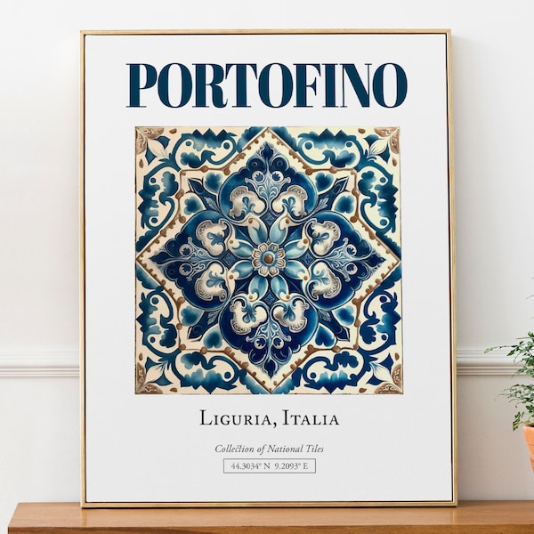 Portofino, Liguria, Italy, Aesthetic Folk Traditional Maiolica Tile, Wall Decor Print Poster, Living Room Art