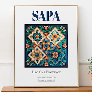 Sapa, Vietnam, Aesthetic Folk Traditional Tile, Wall Art Print Poster, Bedroom Wall Art