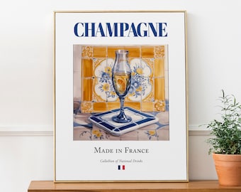 Champagne on Maiolica tile, French Traditional Beverage Print Poster, Kitchen and Bar Wall Décor