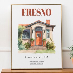 Fresno, California, USA, Aesthetic Minimalistic Watercolor Traditional Door, Wall Art Print Poster, Living Room Wall Decor
