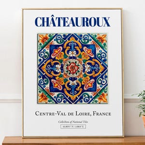 Châteauroux, Centre-Val de Loire, France, Aesthetic Folk Traditional Tile, Wall Art Décor Print Poster, Living Room Art