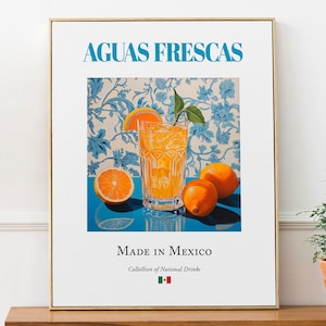 Aguas Frescas on Maiolica Tile, Traditional Mexican Beverage (Drink) Print Poster, Kitchen and Bar Wall Art