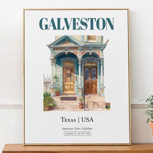 Galveston, Texas, USA, Aesthetic Minimalistic Watercolor Traditional Door, Wall Art Print Poster, Bathroom Wall Art
