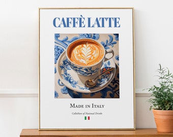 Caffè Latte on Maiolica Tile, Traditional Italian Beverage (Drink) Print Poster, Kitchen and Bar Wall Art