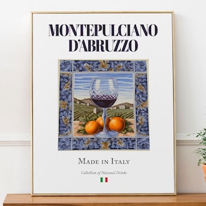 Impresión de vino de Montepulciano d'Abruzzo, póster de bebidas italianas, arte de barra de cocina