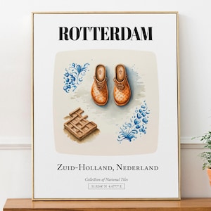 Rotterdam, Netherlands, Delft Tile Pattern with Wooden Shoes Aesthetic Wall Art Decor Print Poster