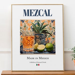 Mezcal su piastrelle di maiolica, bevanda tradizionale messicana, poster stampato, decorazione da parete per cucina e bar