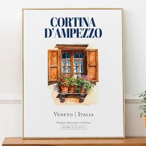 Cortina d&#39;Ampezzo (Veneto, Italia) Travel Print Poster, Traditional Window Watercolor Illustration Wall Art, Italy Lover Gift