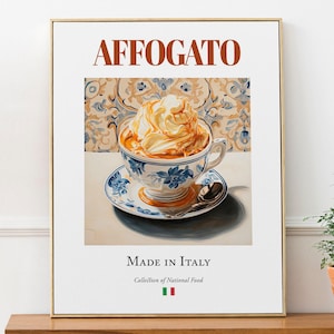 Affogato on Maiolica tile plate, Traditional Italian Food Wall Art Print Poster, Kitchen and Café Decor, Foodie Gift