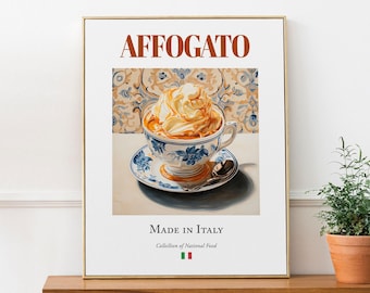 Affogato on Maiolica tile plate, Traditional Italian Food Wall Art Print Poster, Kitchen and Café Decor, Foodie Gift