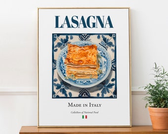 Lasagna on Maiolica tile plate, Traditional Italian Food Wall Art Print Poster Foodie Gift Restaurant Wall Art