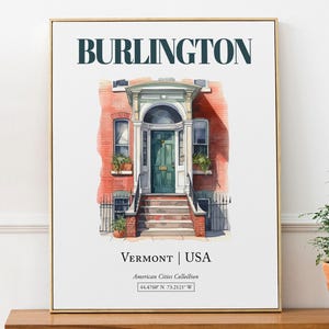 Burlington, Vermont, USA, Aesthetic Minimalistic Watercolor Traditional Door, Wall Art Décor Print Poster, Bathroom Wall Decor