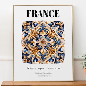 France, République Française, Folk Tile Pattern Aesthetic Wall Art Decor Print Poster