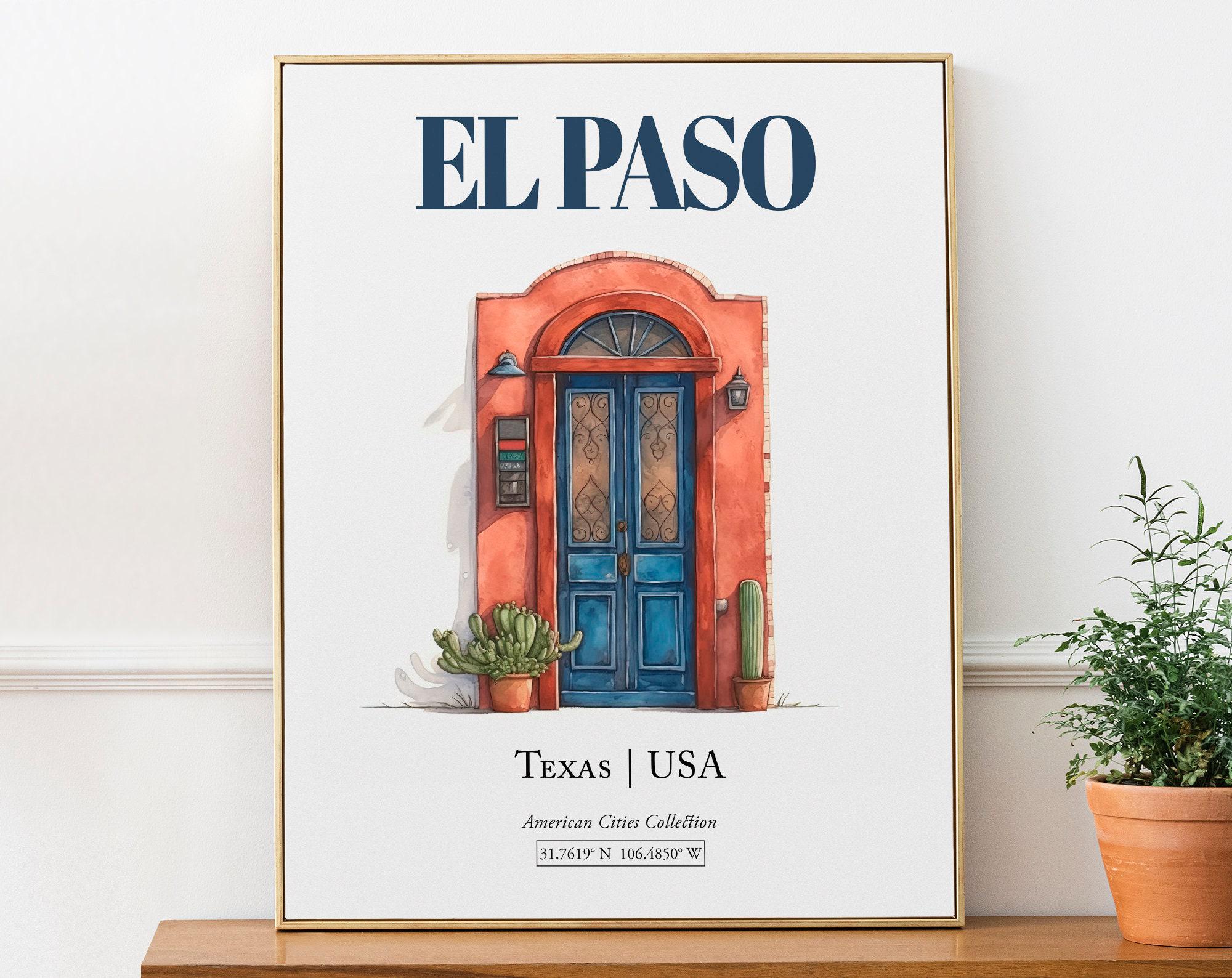 El Paso, Texas, USA, Aesthetic Minimalistic Watercolor Entrance Door, Wall Art Décor Print Poster, Living Room Wall Art