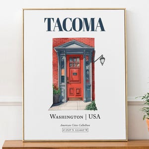 Tacoma, Washington, USA, Aesthetic Minimalistic Watercolor Traditional Door, Wall Art Print Poster, Kitchen Wall Decor