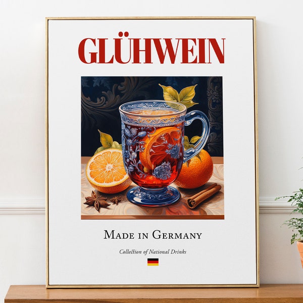 Glühwein sur carreaux de maiolica, affiche d'impression de boisson allemande traditionnelle (boisson), art mural de cuisine et de bar