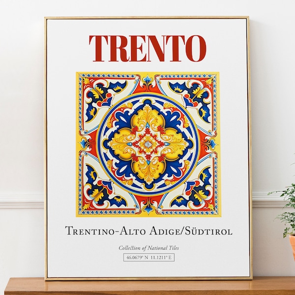 Trento, Trentino-Alto Adige/Südtirol, Italy, Aesthetic Traditional Maiolica Tile, Wall Art Décor Print Poster, Dorm Wall Decor
