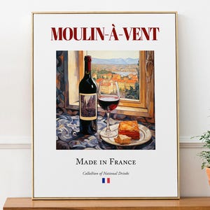 Moulin-à-Vent Wine on Maiolica Tile, Traditional Rhône-Alpes Beverage (Drink) Print Poster, Kitchen and Bar Wall Art